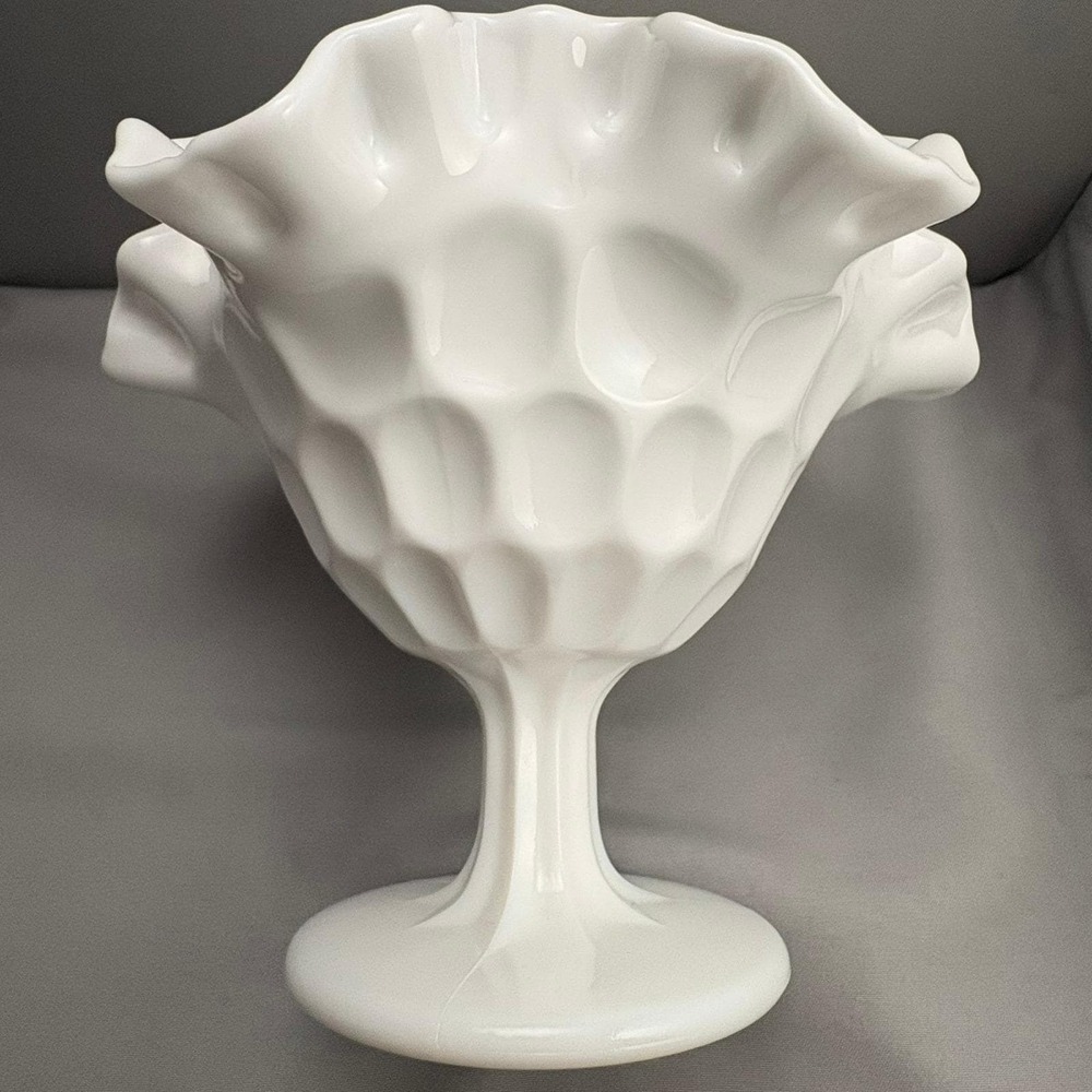 Fenton White Milk Glass Thumbprint Compote Pedestal Bowl Ruffled Edge Vintage 5"